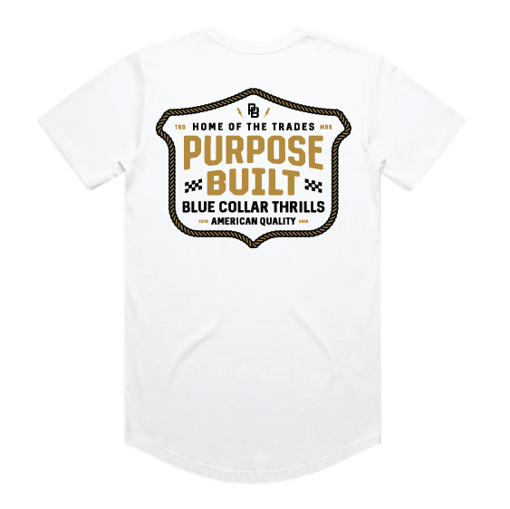 Purpose-Built For the Thrills drop tail graphic tee in white, big and tall sizing