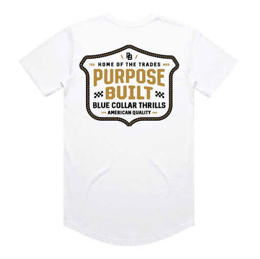 Purpose-Built For the Thrills drop tail graphic tee in white, big and tall sizing