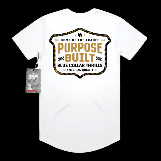 Purpose-Built For the Thrills drop tail tee in white, detail of the neck tag