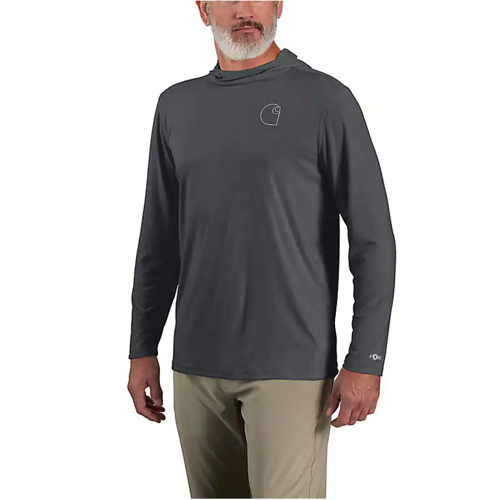 Carhartt Force Sun Defender lightweight long-sleeve hooded logo graphic tee in steel with UPF sun protection
