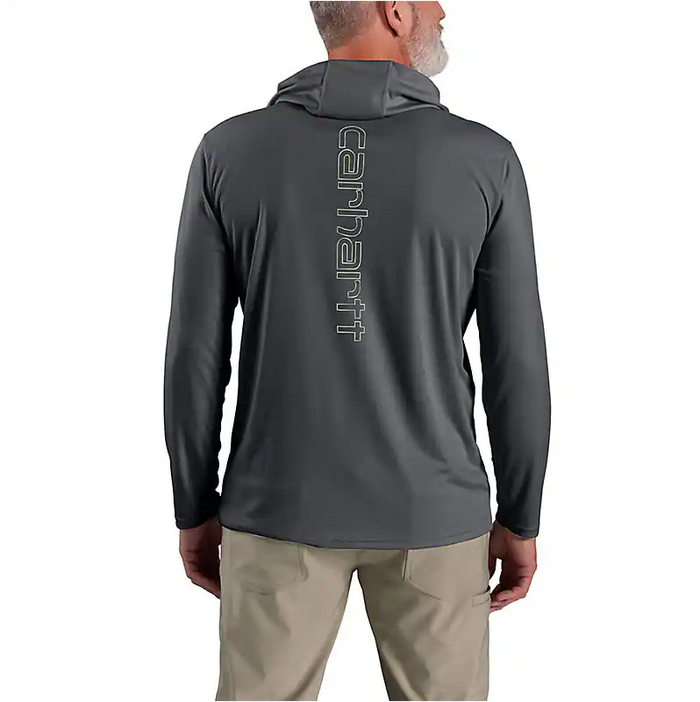 Steel Carhartt Sun Defender hooded long-sleeve tee with moisture-wicking fabric, big and tall sizing