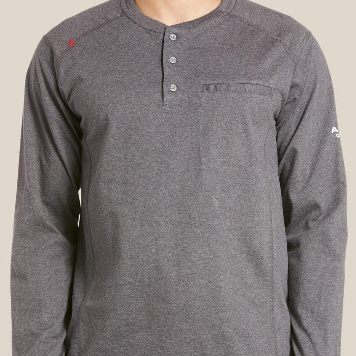 Ariat FR Air flame resistant henley shirt in charcoal, detail view of the placket