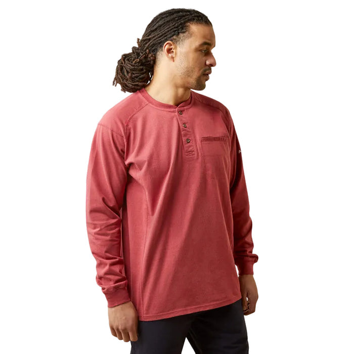 Ariat FR Air flame resistant long sleeve henley in brick red, front view, big and tall sizing