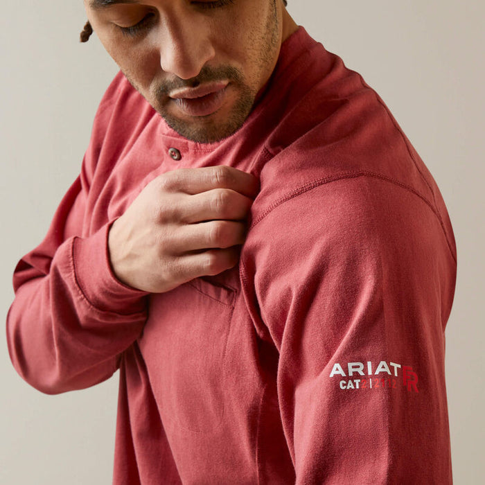 Ariat FR Air flame resistant henley in brick red, detail of the button placket