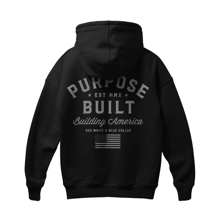 Purpose-Built Freedom pullover hoodie in black, back view of the print