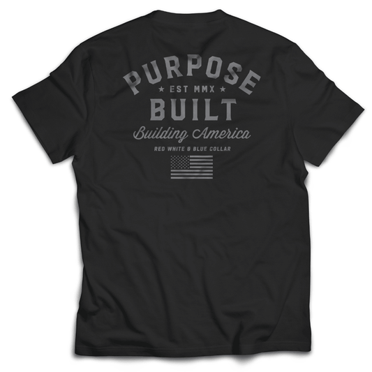 Purpose-Built Freedom tee in black, back view of the print