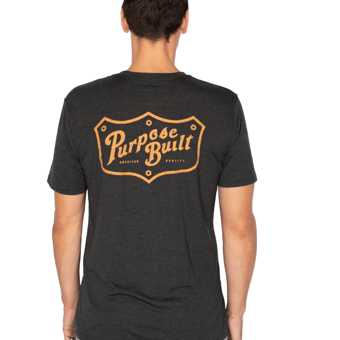 Purpose-Built Freightline tee in black frost, back view of the print
