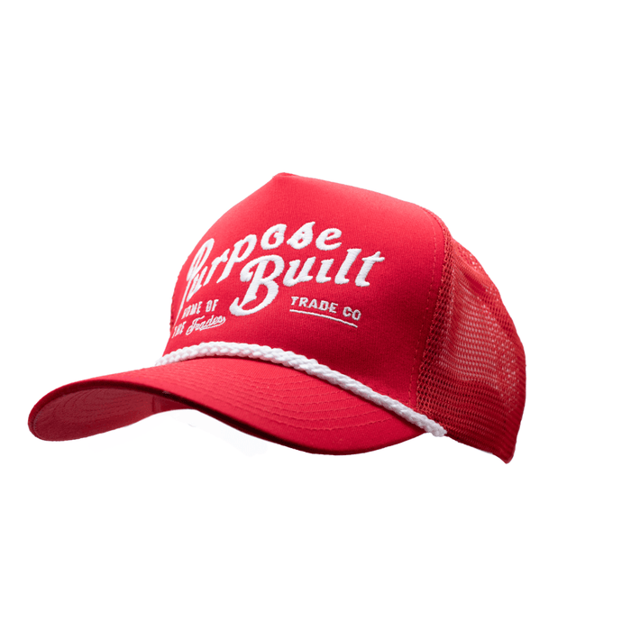 Purpose-Built Freightline trucker hat in red, left three-quarter view