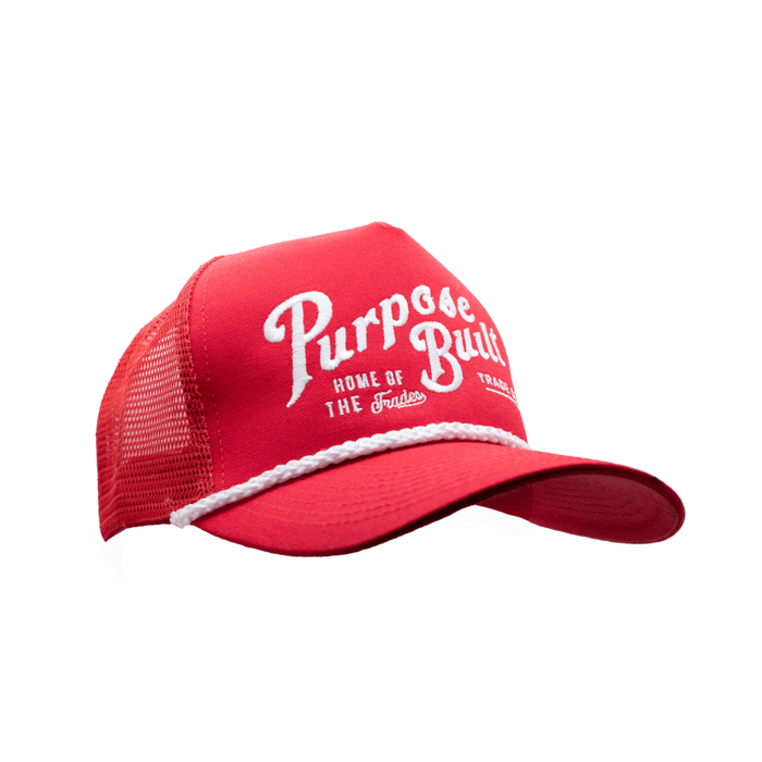 Purpose-Built Freightline trucker hat in red, right three-quarter view