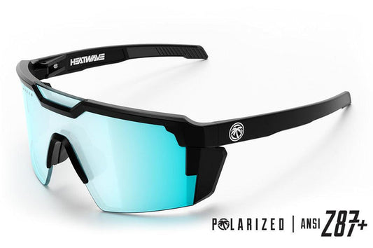 Angled view of the Heat Wave Future Tech Arctic Chrome Z87+ polarized safety sunglasses