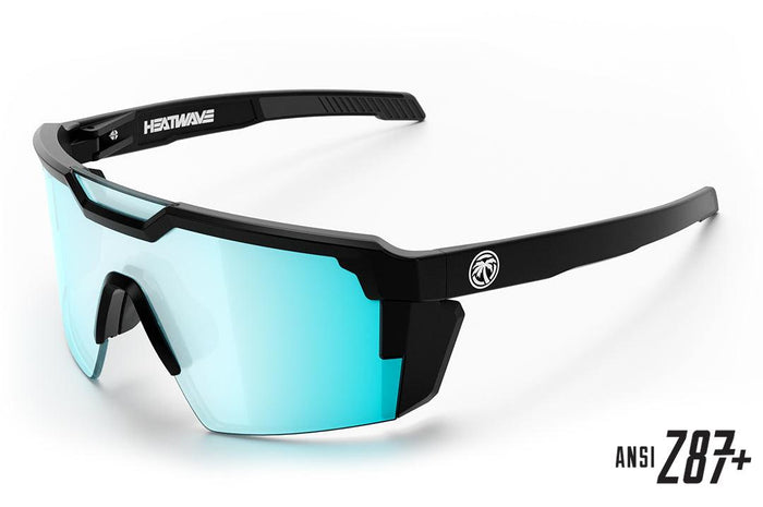 Side view of the Heat Wave Future Tech Z87+ safety sunglasses in black with Arctic Chrome lens