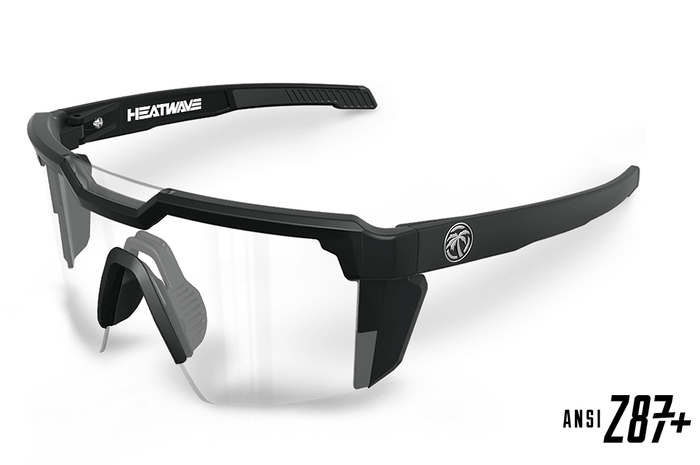 Side view of the Heat Wave Future Tech Z87+ safety glasses, black frame with clear lens
