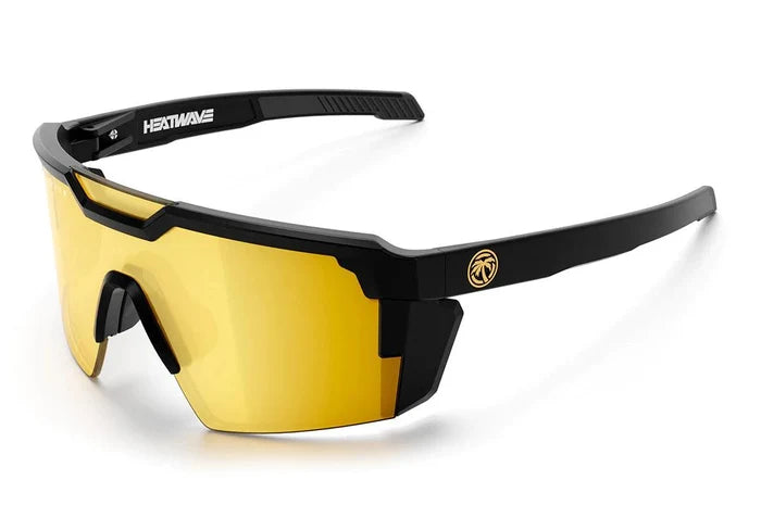 Angled view of the Heat Wave Future Tech gold Z87+ polarized safety sunglasses