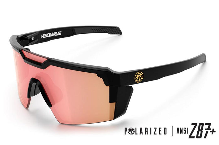 Angled view of the Heat Wave Future Tech rose gold Z87+ polarized safety sunglasses