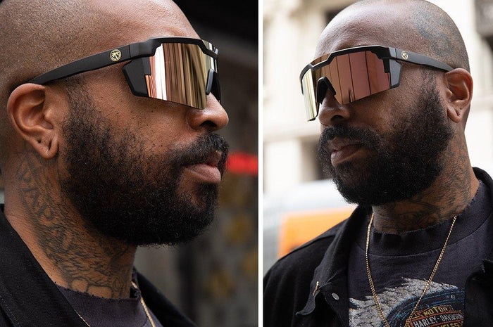 Heat Wave Future Tech rose gold Z87+ sunglasses shown worn in a lifestyle setting