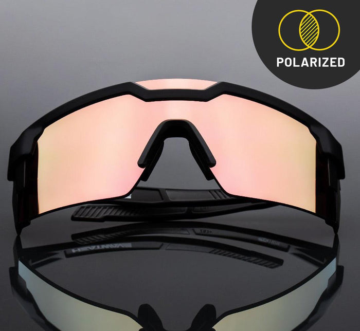 Heat Wave Future Tech rose gold polarized Z87+ sunglasses, view of the mirrored lens
