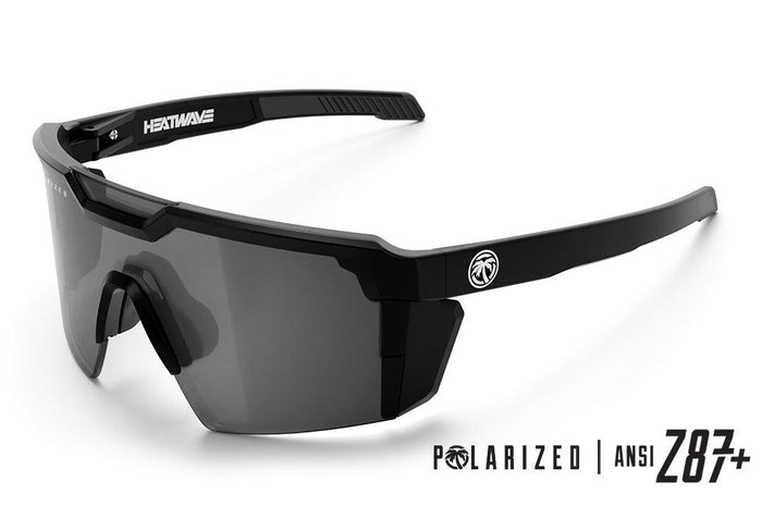 Angled view of the Heat Wave Future Tech silver Z87+ polarized safety sunglasses