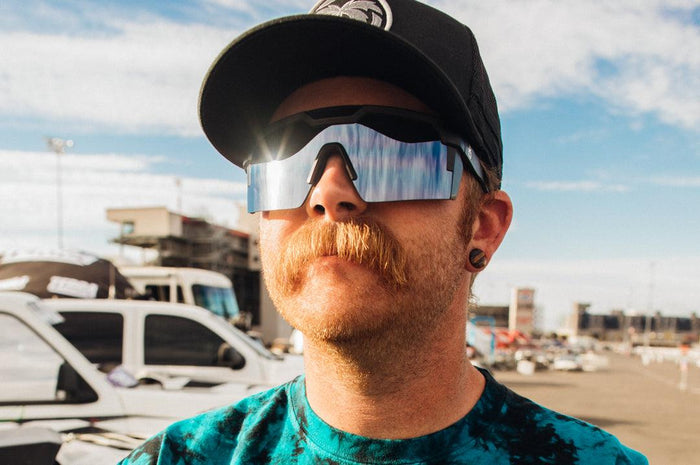 Heat Wave Future Tech silver Z87+ safety sunglasses shown worn on the job