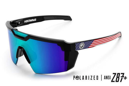 Angled view of the Heat Wave Future Tech USA Z87+ polarized safety sunglasses