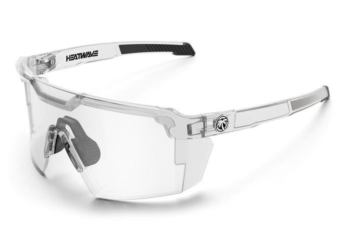 Angled view of the Heat Wave Future Tech Z87+ safety glasses, vapor clear frame and lens