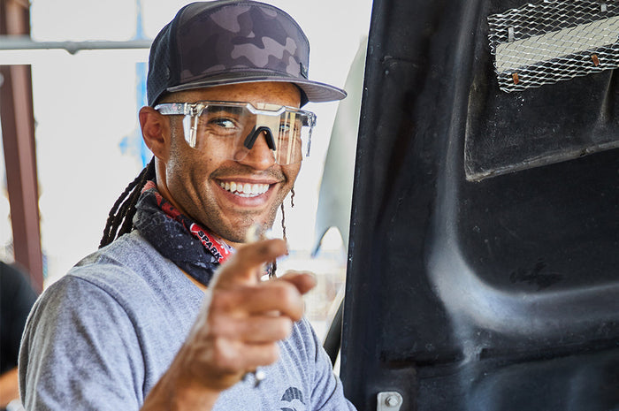 Heat Wave Future Tech clear frame Z87+ safety glasses, view of the temple arms
