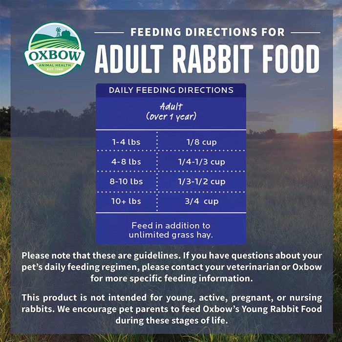 Feeding directions for adult rabbit food.