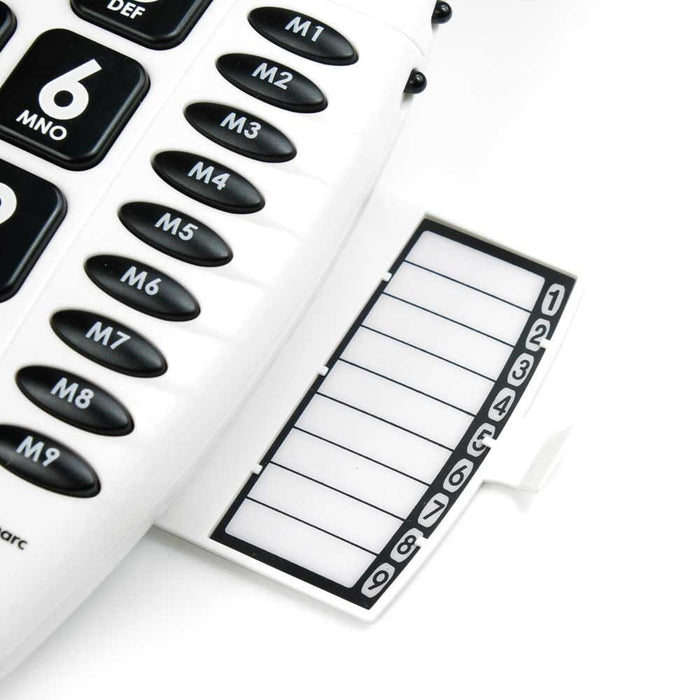 Geemarc CL100 Big Button Telephone being held in a hand, showing the size of the buttons and screen.
