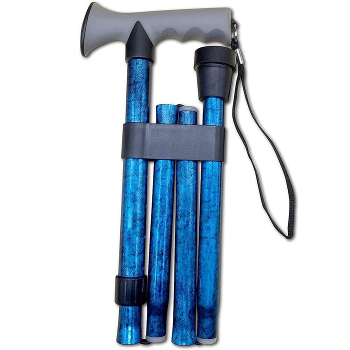 Full view of Gel Handle Folding Walking Stick walking stick on a plain background, showing its handle, shaft and ferrule.