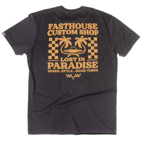 Fasthouse Getaway tee in black, back view of the print