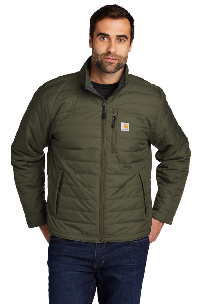Carhartt Gilliam water resistant insulated work jacket in moss, front view shown worn