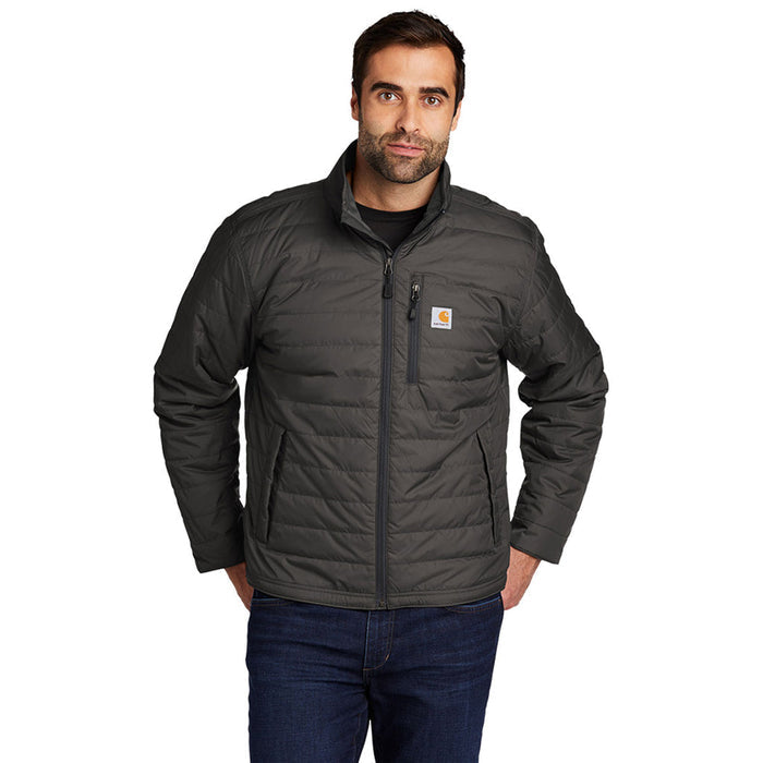 Carhartt Gilliam insulated work jacket in shadow grey, front view of the jacket worn