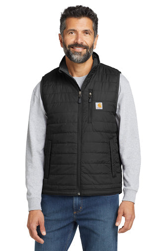 Carhartt Gilliam insulated work vest in black, front view of the garment shown worn