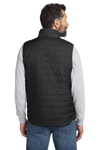 Back view of the Carhartt Gilliam water resistant insulated work vest in black, worn