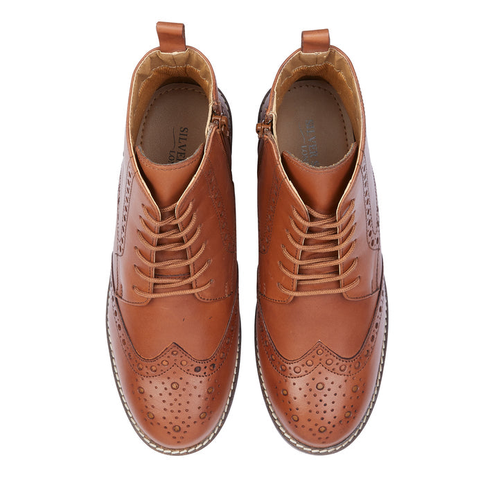 Grace Leather Brogue Boots - Tan