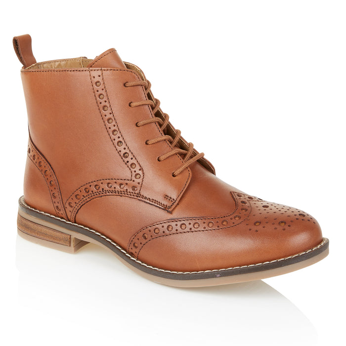 Grace Leather Brogue Boots - Tan