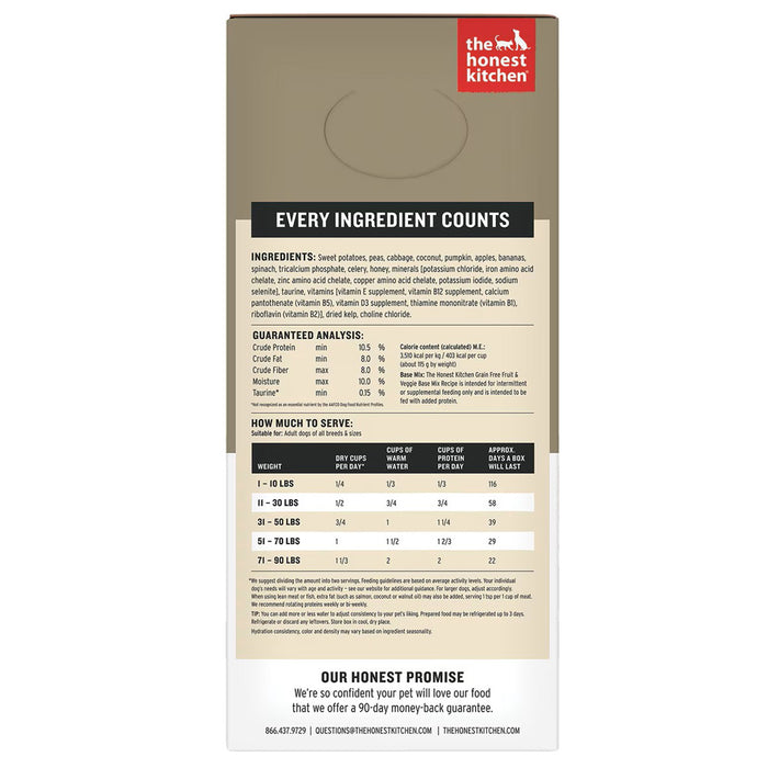 The Honest Kitchen Wholemade base mix grain free fruit and veggie recipe side of box