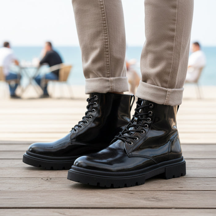 Greenwich Patent Leather Lace up Boots - Black