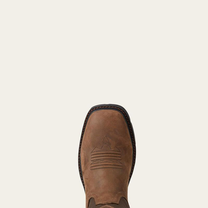 Close-up of the ASTM compliant steel toe on the Ariat Groundbreaker waterproof work boot