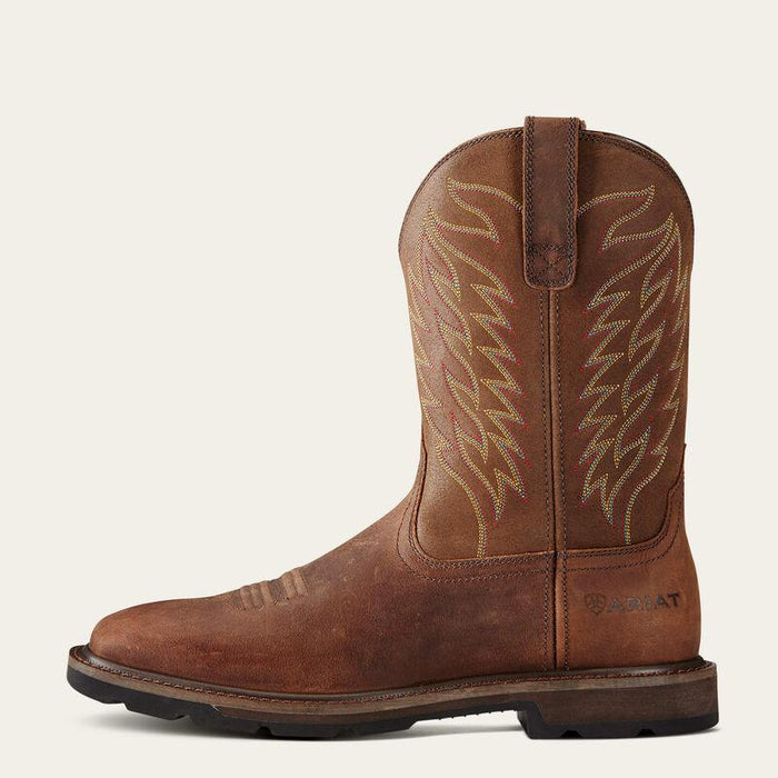 Side profile of the Ariat Groundbreaker pull-on wellington work boot in brown full grain leather