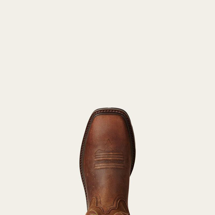 Close-up of the wide square soft toe on the Ariat Groundbreaker work boot in brown leather