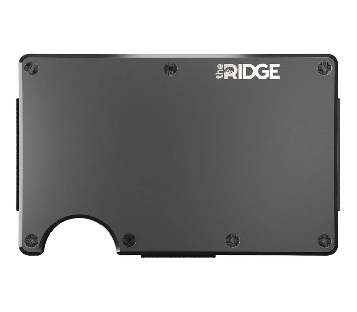 Ridge gunmetal aluminum minimalist wallet, front view with cards fanned from the injector