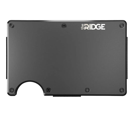 Ridge gunmetal aluminum minimalist wallet, front view with cards fanned from the injector