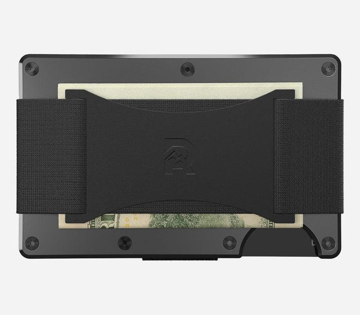 Back view of the gunmetal Ridge aluminum wallet showing the elastic cash strap