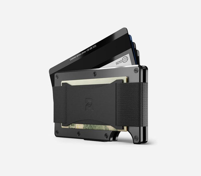 Ridge aluminum wallet in gunmetal with cash strap and RFID blocking card plates