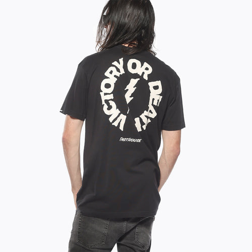 Fasthouse Hail Mary tee in black shown on a model, back view