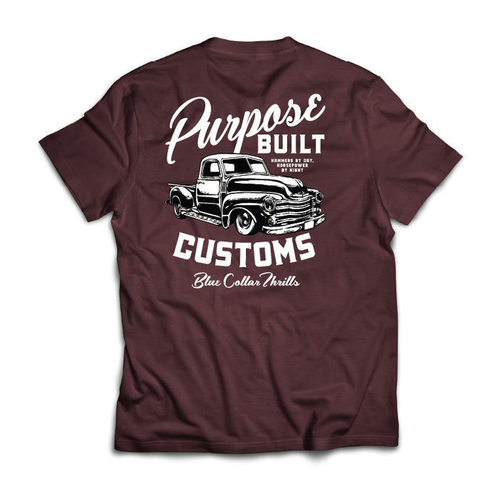 Purpose-Built Hammers by Day Horsepower by Night graphic tee in cardinal, big and tall sizing