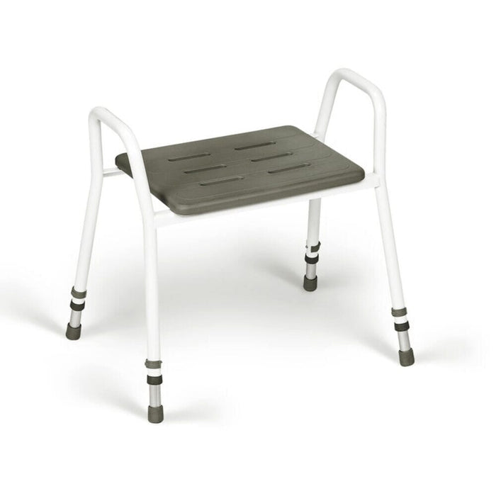 Angled view of Handicare Shower Stool shower stool with moulded seat and height-adjustable legs on a plain background.