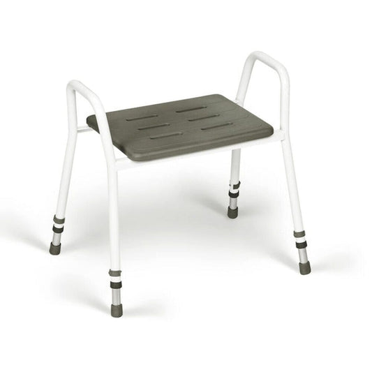 Angled view of Handicare Shower Stool shower stool with moulded seat and height-adjustable legs on a plain background.