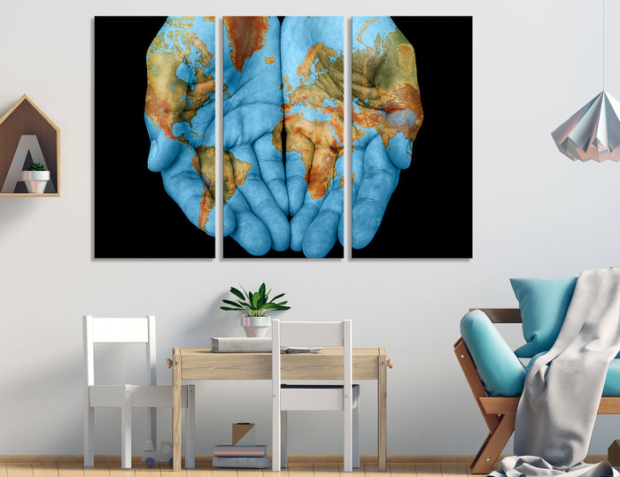Hands World Map Canvas Print #5013