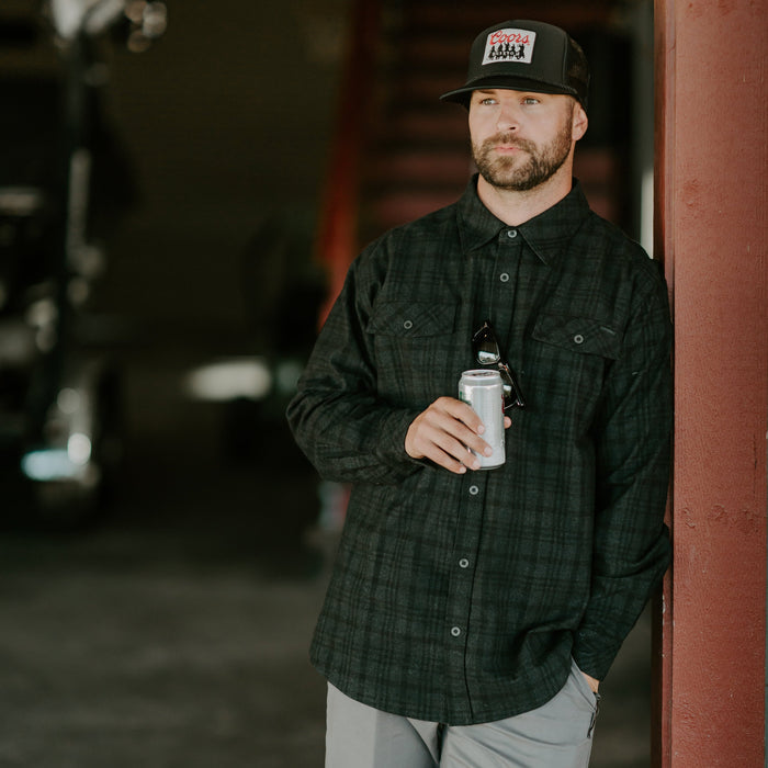 Purpose-Built Hard Work flannel in black and grey